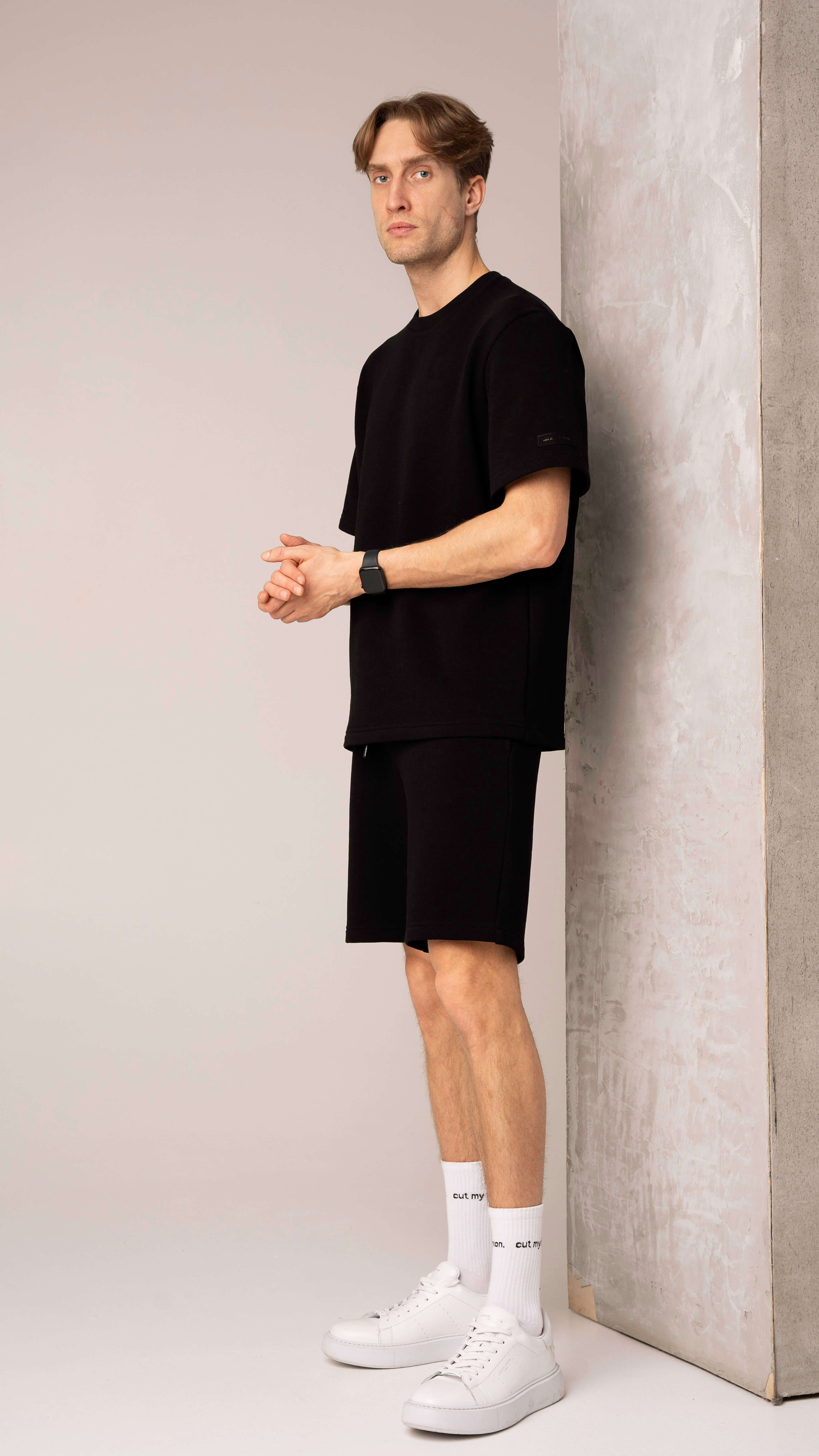 Men's black casual tracksuit with shorts and a T-shirt, fabric without fleece, cutmyfashion