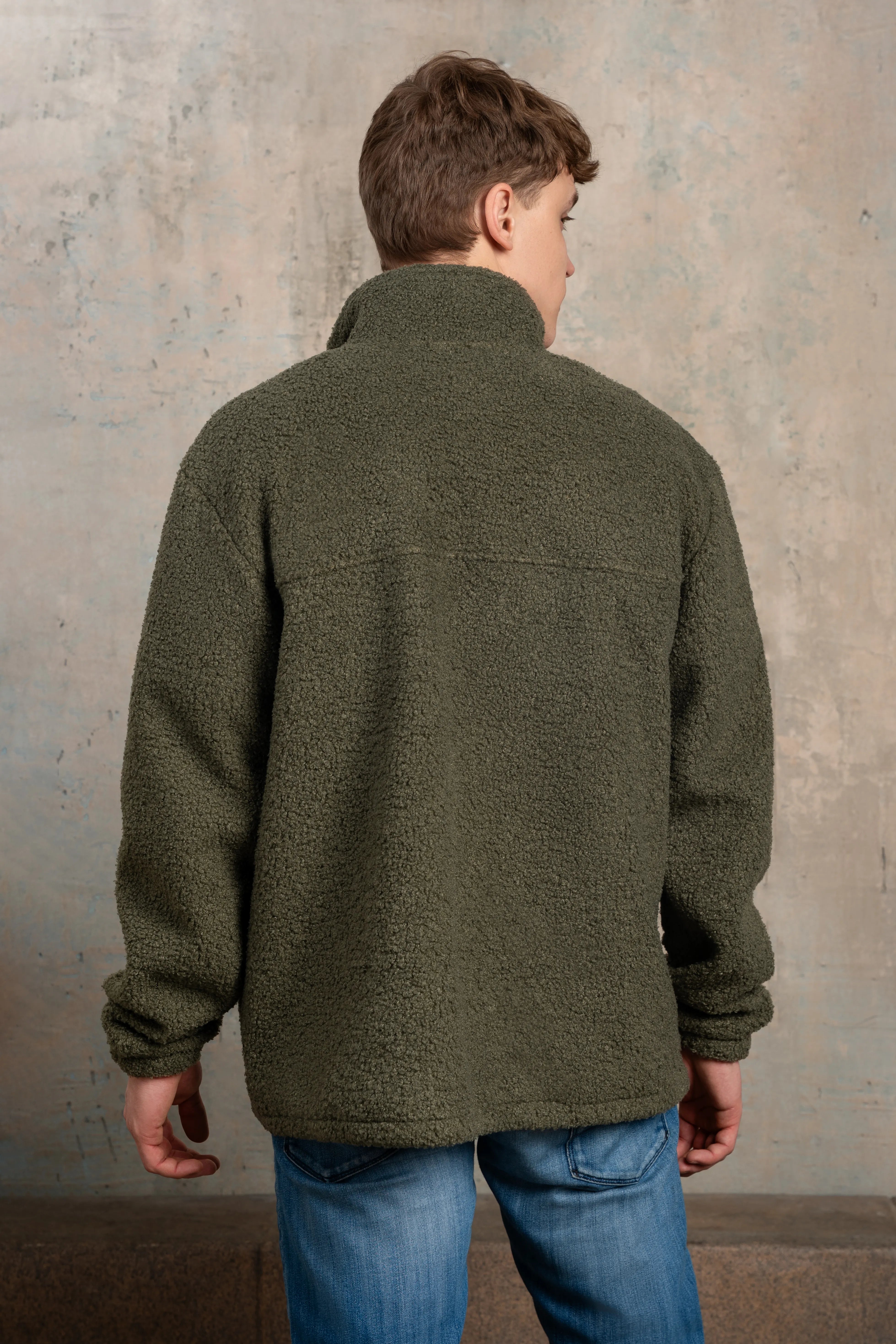 Khaki men's sweatshirt, back view, with a stand collar, long sleeves, and a straight back line