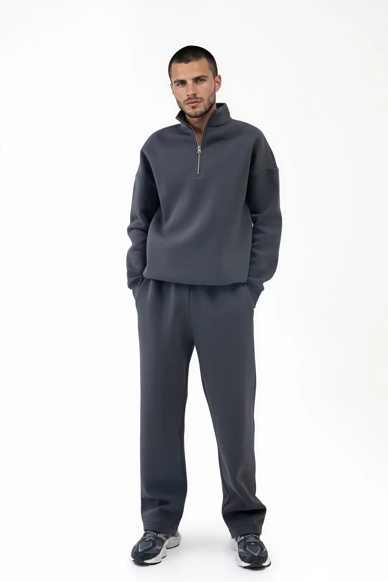 Men’s iron-colour loungewear set with a high collar and straight-leg trousers, front view