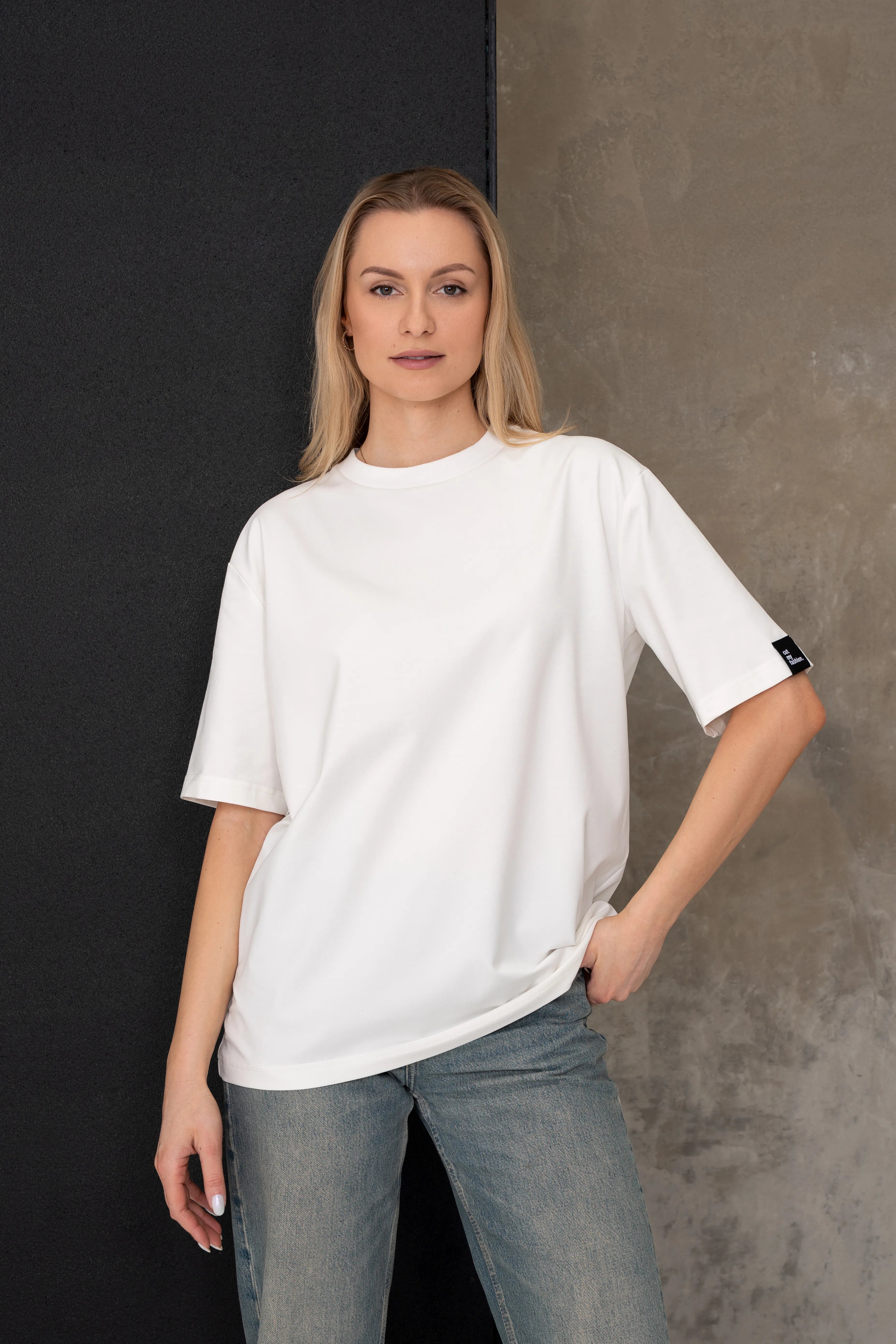 Women's milk white oversized cotton T-shirts, close-up front view