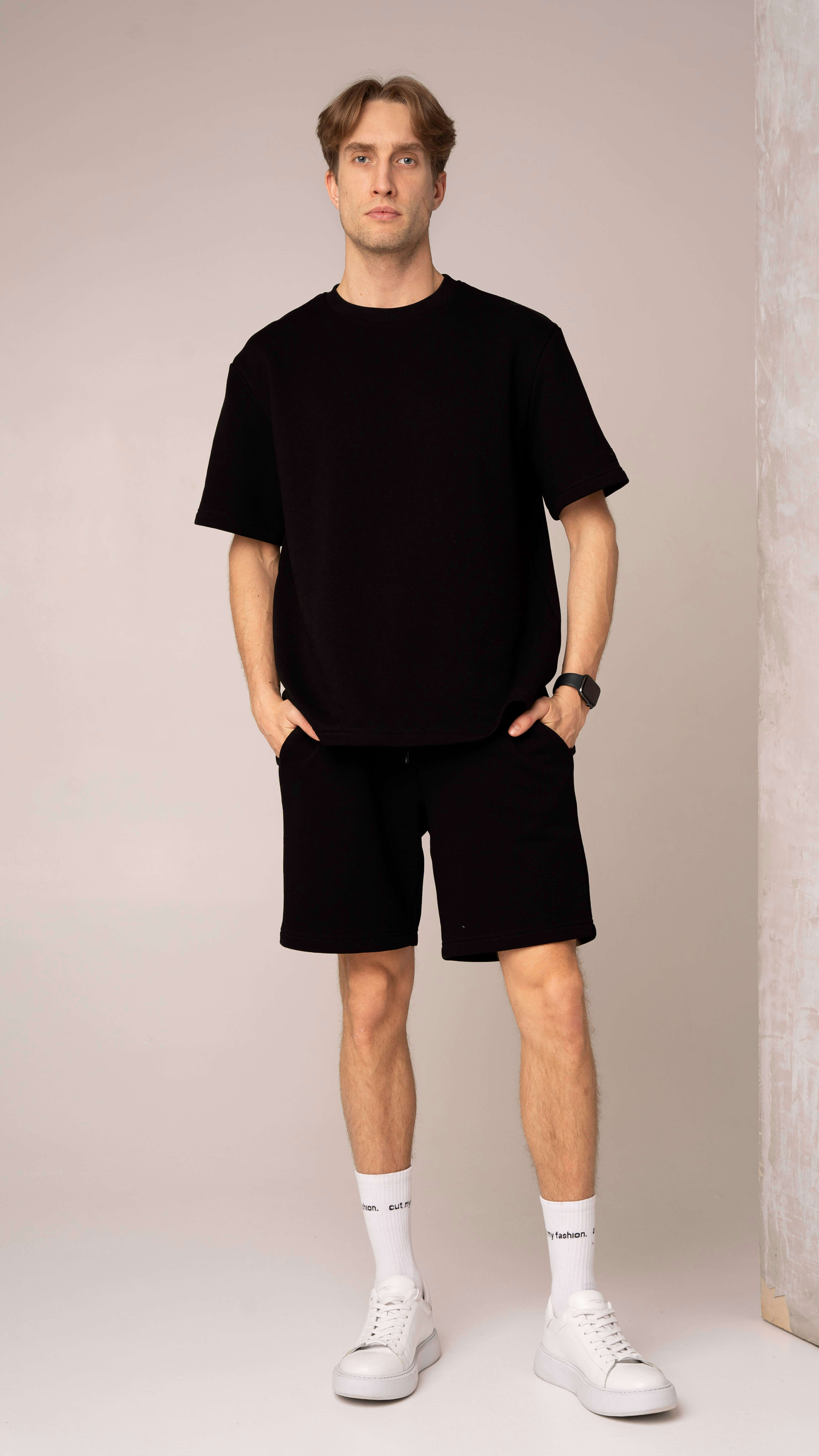 Men's black casual tracksuit with shorts and a T-shirt, fabric without fleece, cutmyfashion