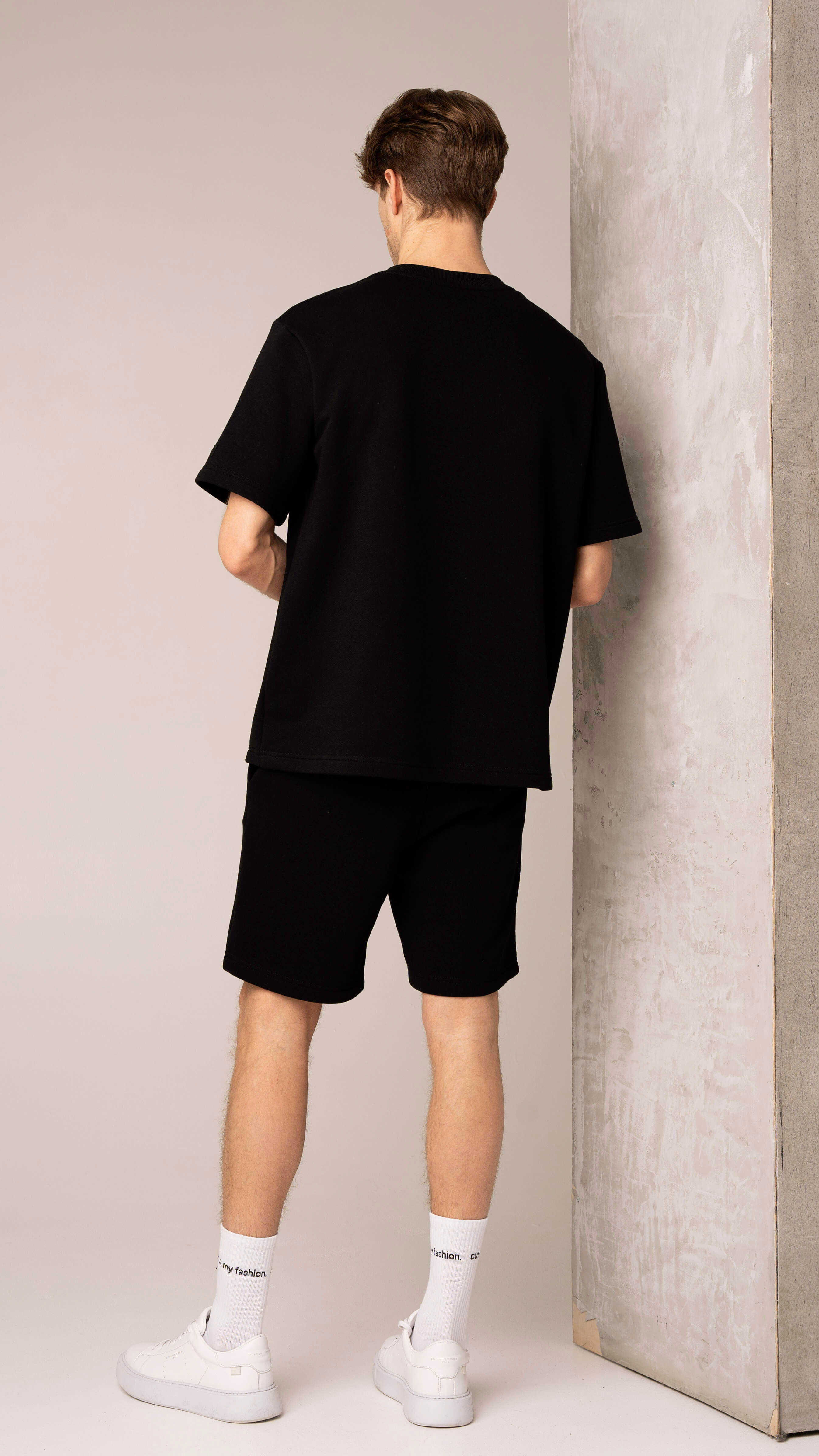Men's black casual tracksuit with shorts and a T-shirt, fabric without fleece, cutmyfashion