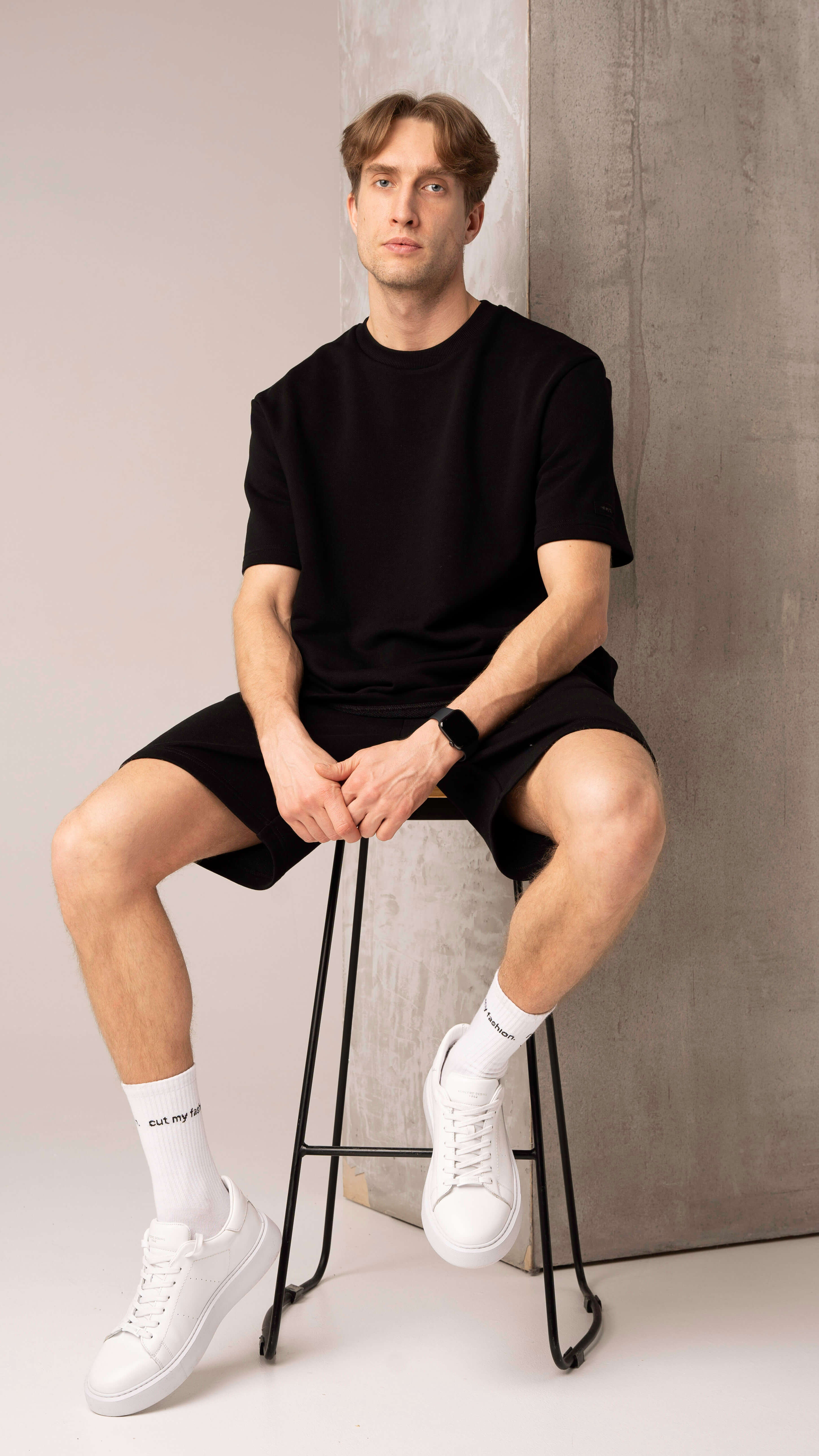 Men's black casual tracksuit with shorts and a T-shirt, fabric without fleece, cutmyfashion