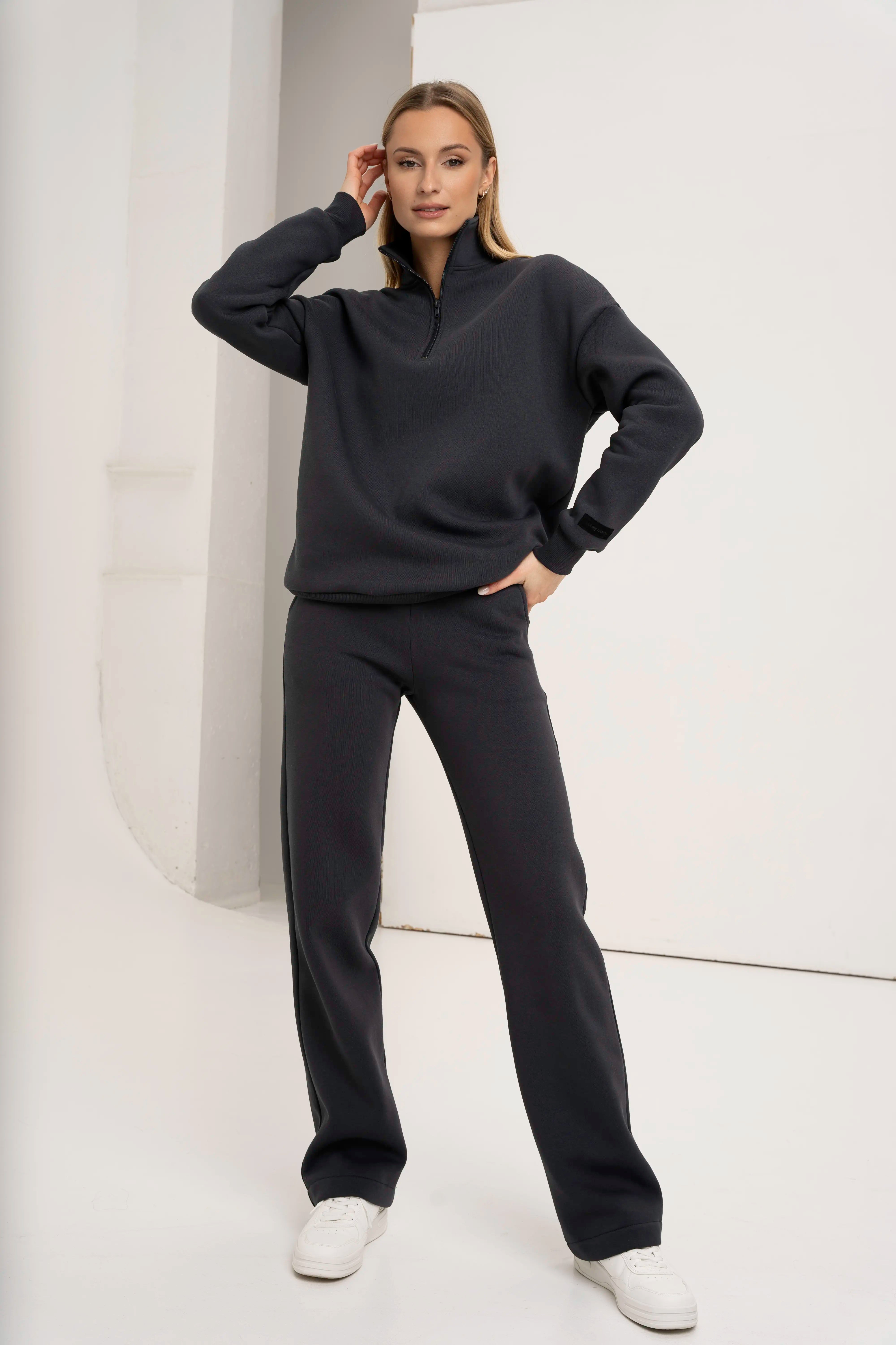 Dark grey women's tracksuit with straight-leg trousers, made in Lithuania