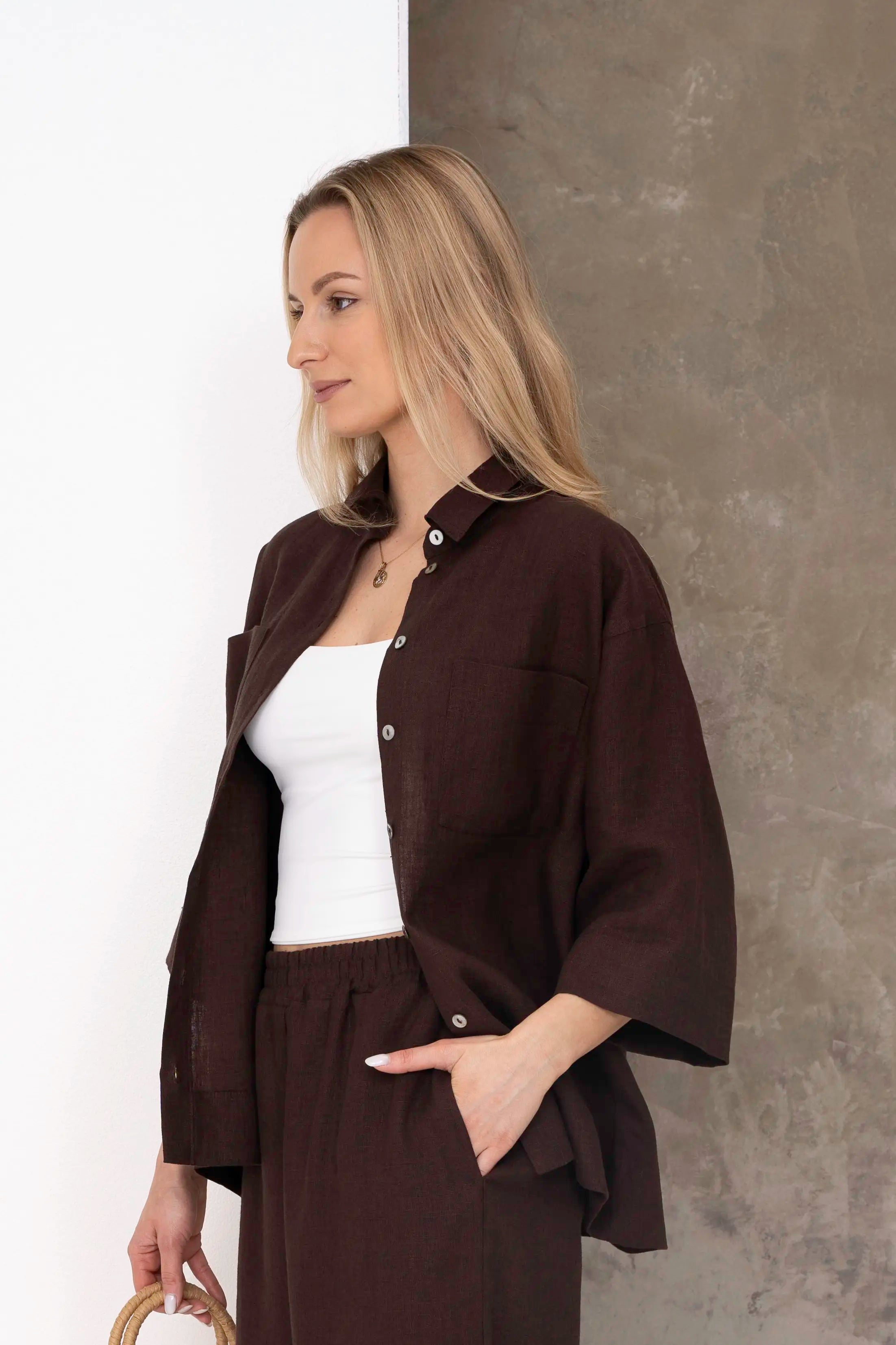 Brown women's linen shirt from the back, wide 3/4-length sleeves, back and side view