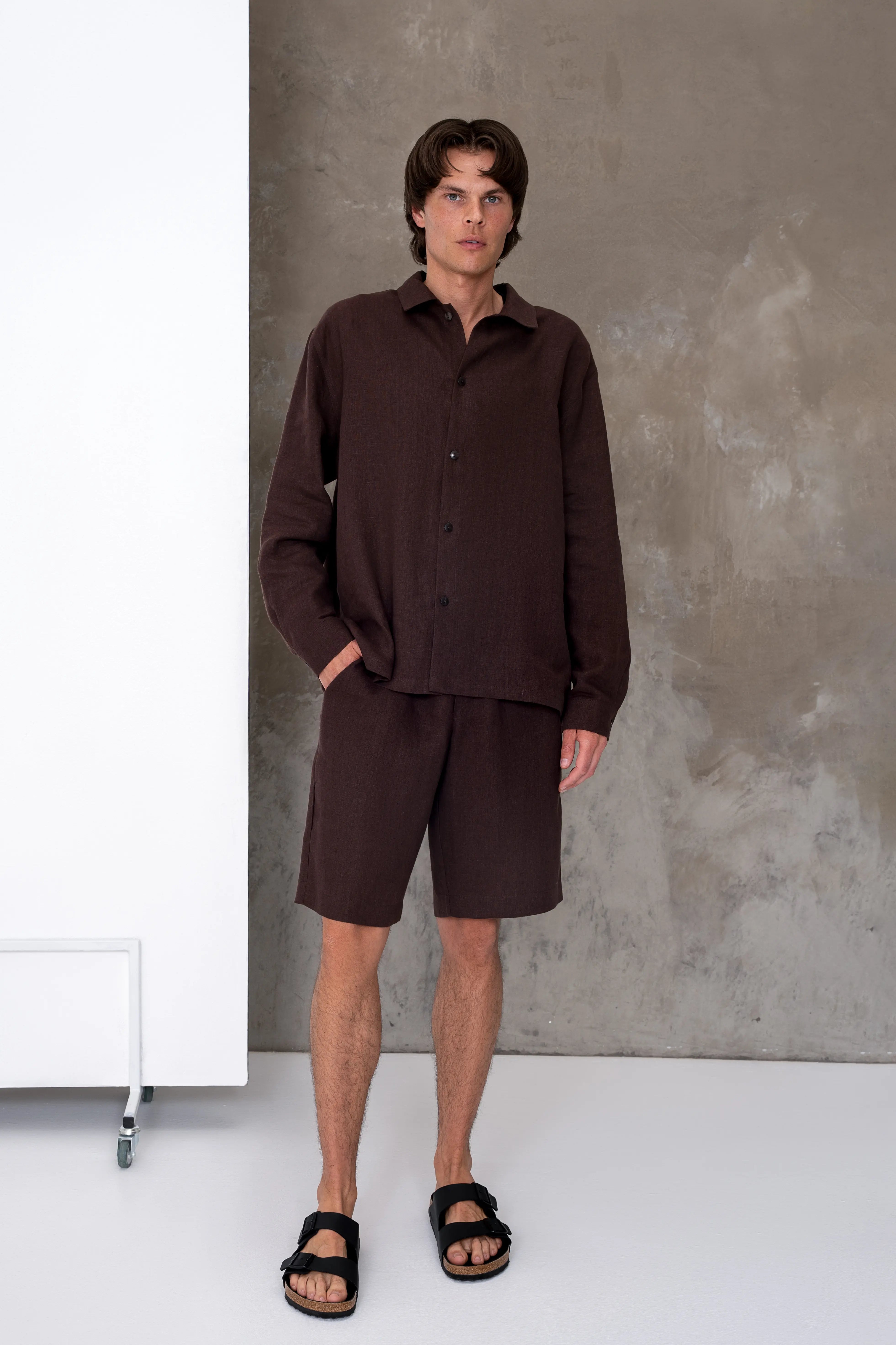 Brown men's linen shorts, straight fit, front view